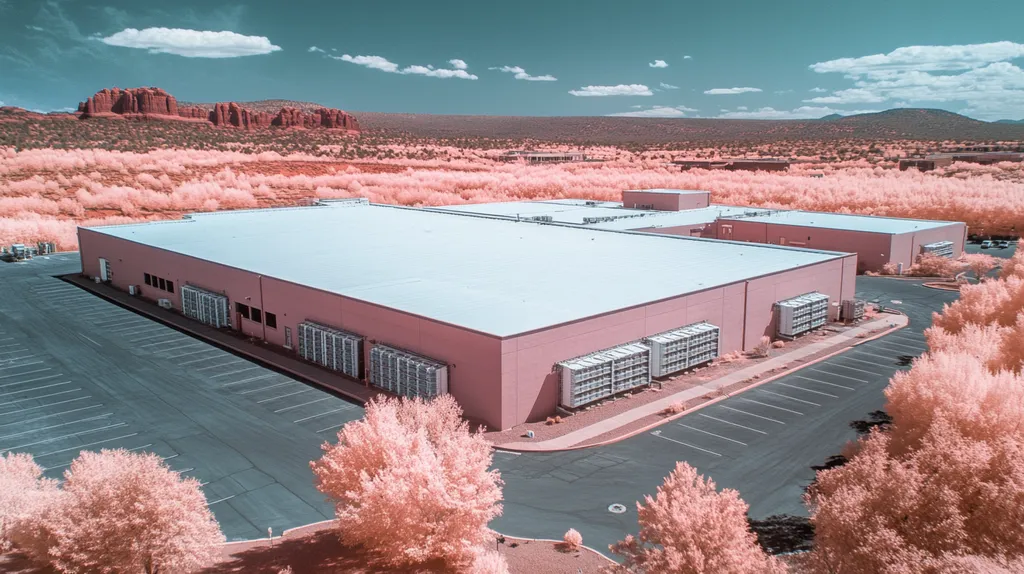 A commercial roof on a distribution center in a location similar to Sedona with an infrared photography aesthetic (AI image)