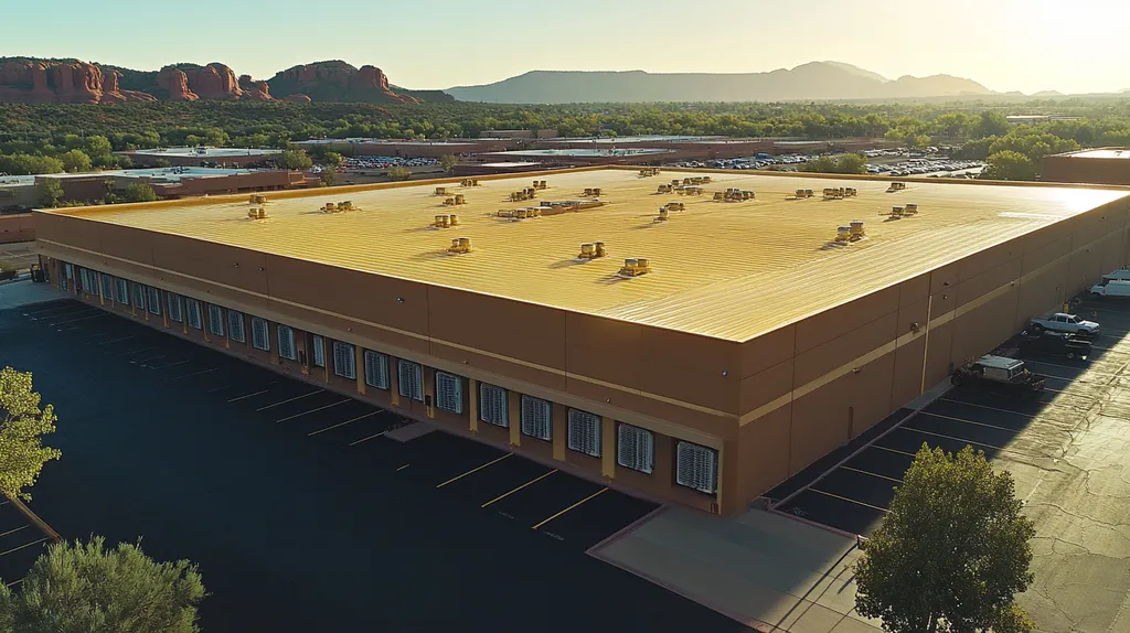 A commercial roof on a distribution center in a location similar to Sedona with a solid gold aesthetic (AI image)