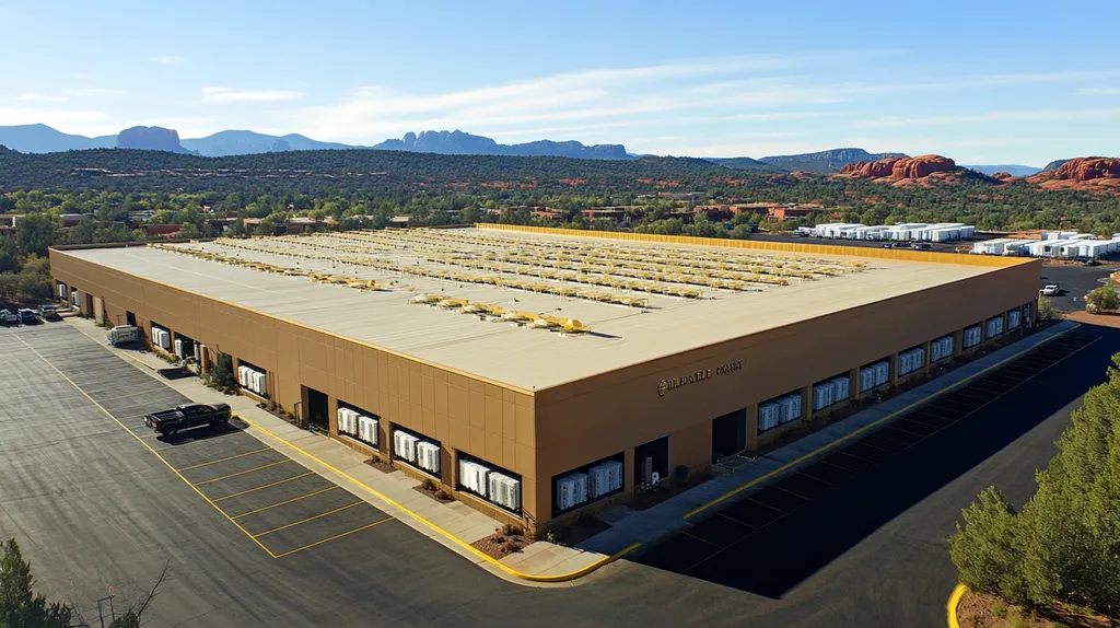 A commercial roof on a distribution center in a location similar to Sedona with a solid gold aesthetic (AI image)