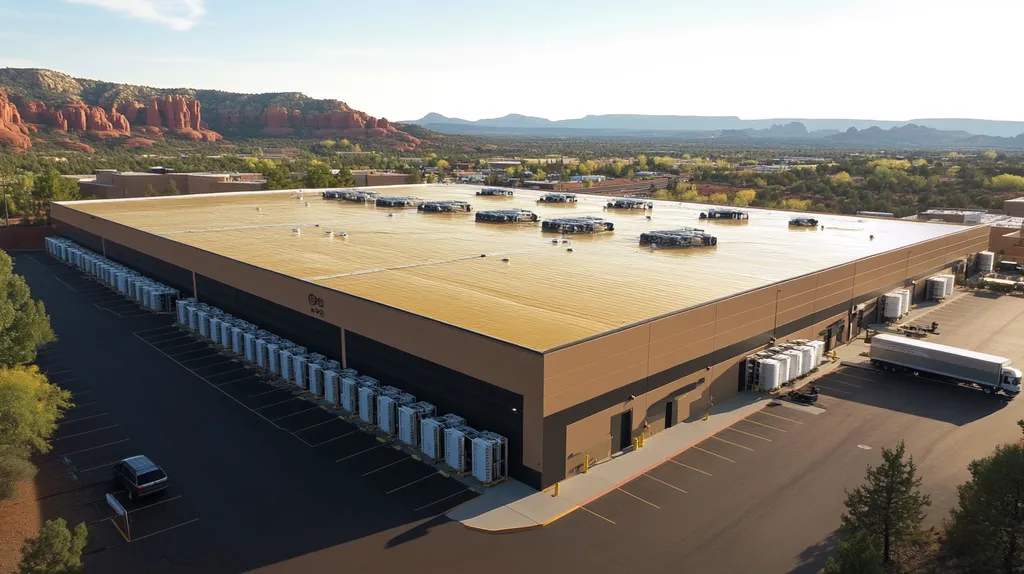 A commercial roof on a distribution center in a location similar to Sedona with a solid gold aesthetic (AI image)