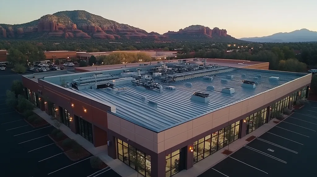 A commercial roof on a factory in a location similar to Sedona with an illuminated nightscape aesthetic (AI image)