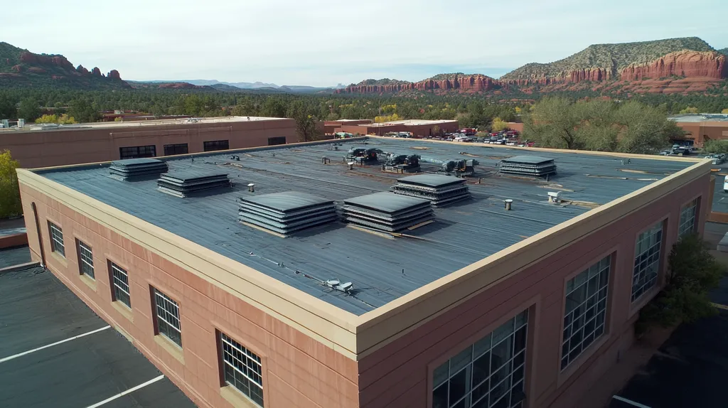 A commercial roof on a factory in a location similar to Sedona with a rainy day aesthetic (AI image)