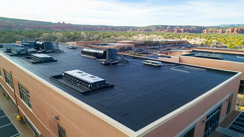 A commercial roof on a factory in a location similar to Sedona with a rainy day aesthetic (AI image)