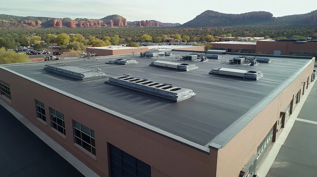 A commercial roof on a factory in a location similar to Sedona with a rainy day aesthetic (AI image)