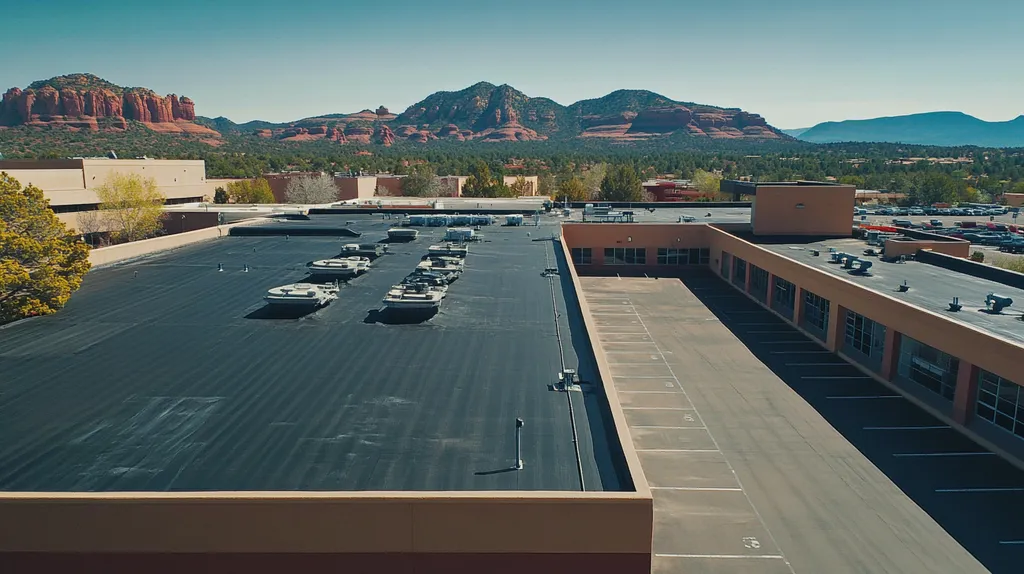 A commercial roof on a factory in a location similar to Sedona with an urban context aesthetic (AI image)