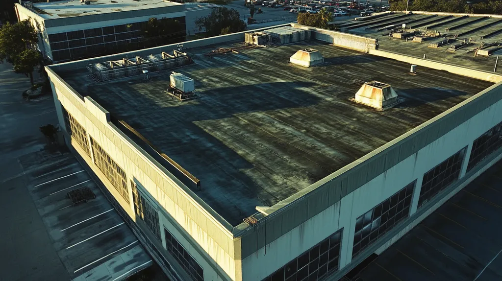 A commercial roof on a factory in a location similar to Tampa with an illuminated nightscape aesthetic (AI image)
