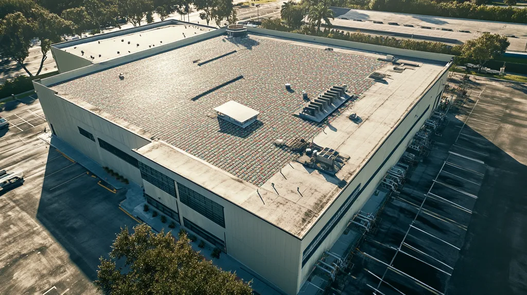 A commercial roof on a factory in a location similar to Tampa with a mosaic tile art aesthetic (AI image)