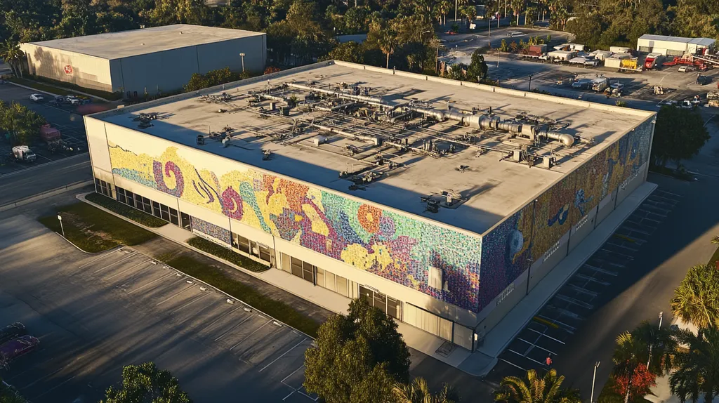 A commercial roof on a factory in a location similar to Tampa with a mosaic tile art aesthetic (AI image)