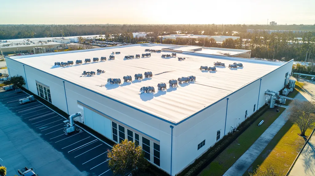 A commercial roof on a factory in a location similar to Tampa with a snowy day aesthetic (AI image)