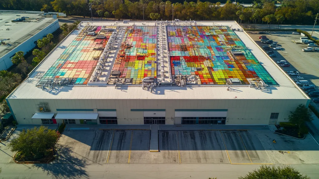 A commercial roof on a factory in a location similar to Tampa with a stained glass aesthetic (AI image)