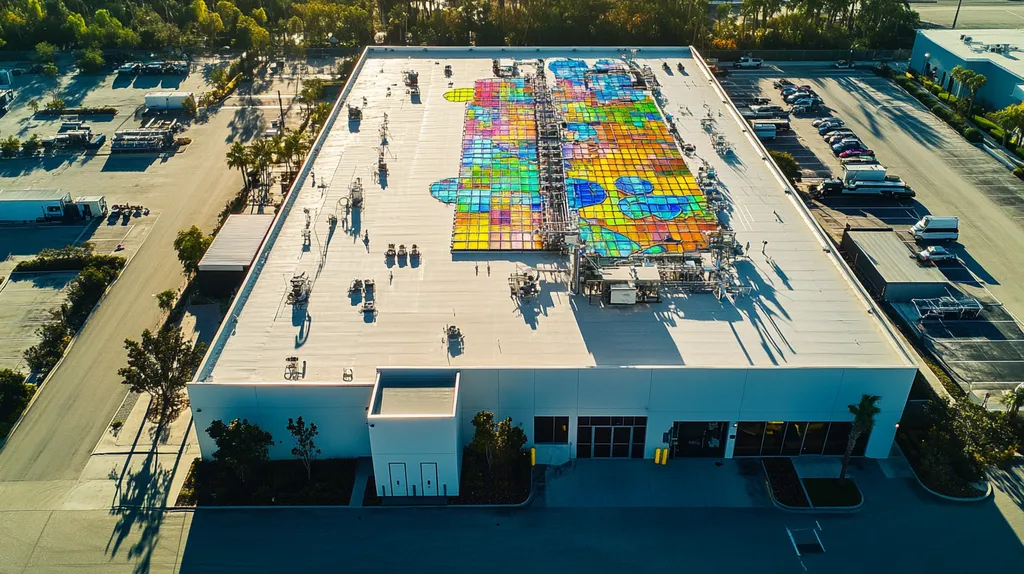 A commercial roof on a factory in a location similar to Tampa with a stained glass style aesthetic (AI image)