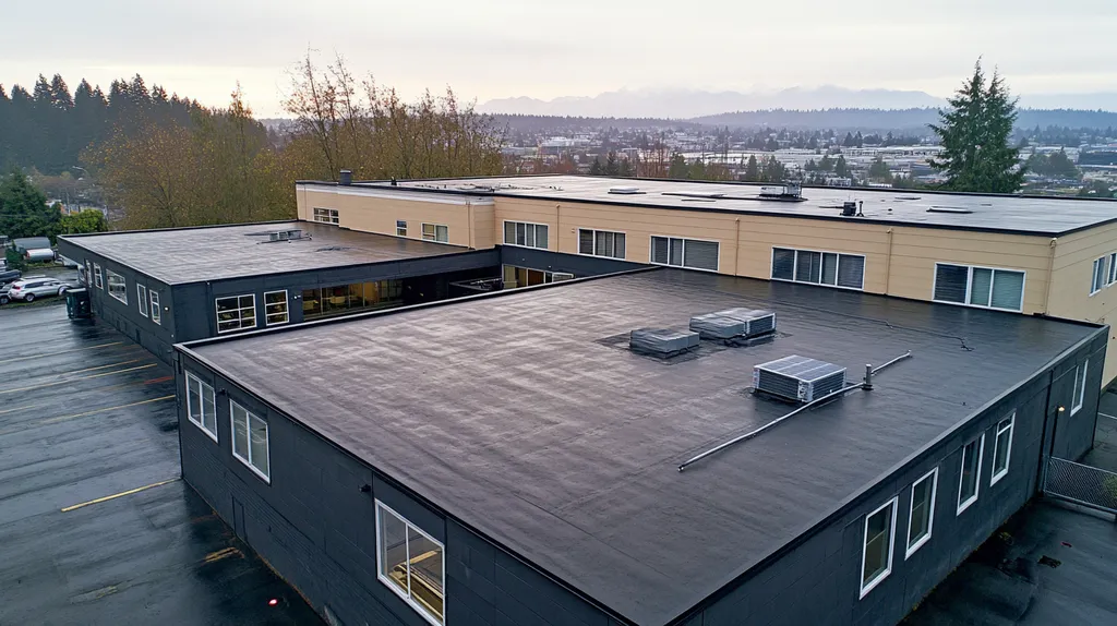 A commercial roof on a fitness gym in a location similar to Seattle with a rainy day aesthetic (AI image)