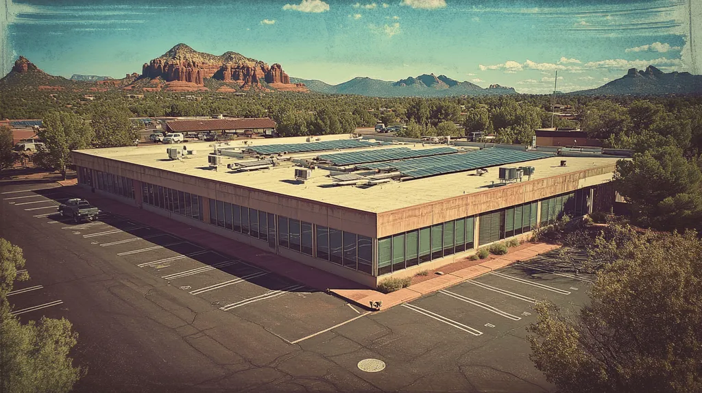 A commercial roof on a fitness gym in a location similar to Sedona with a Polaroid aesthetic (AI image)