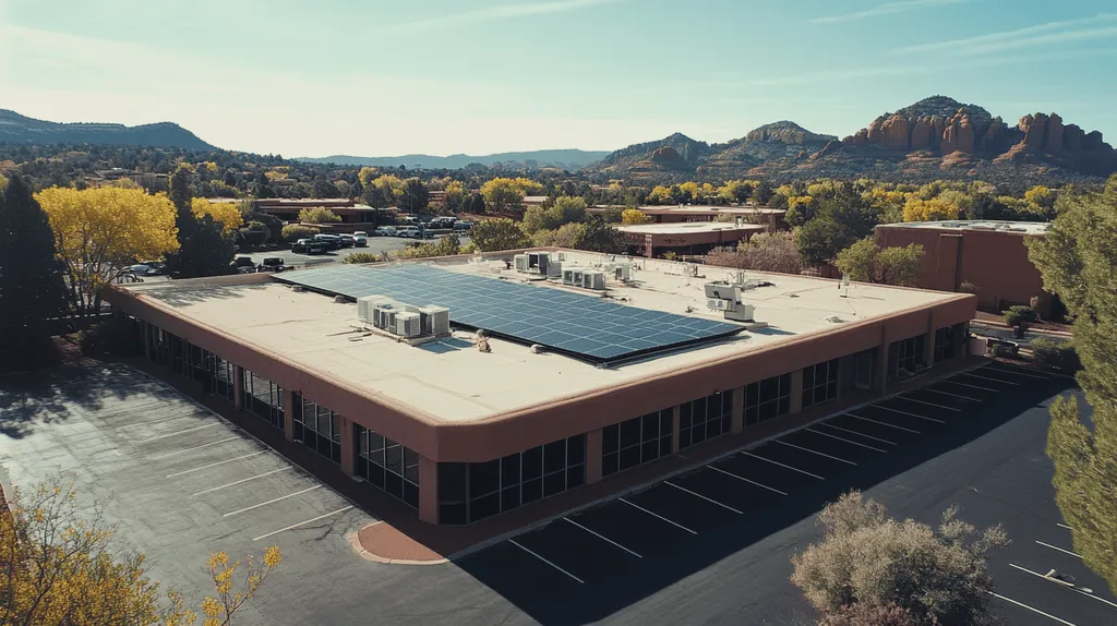 A commercial roof on a fitness gym in a location similar to Sedona with a Polaroid aesthetic (AI image)