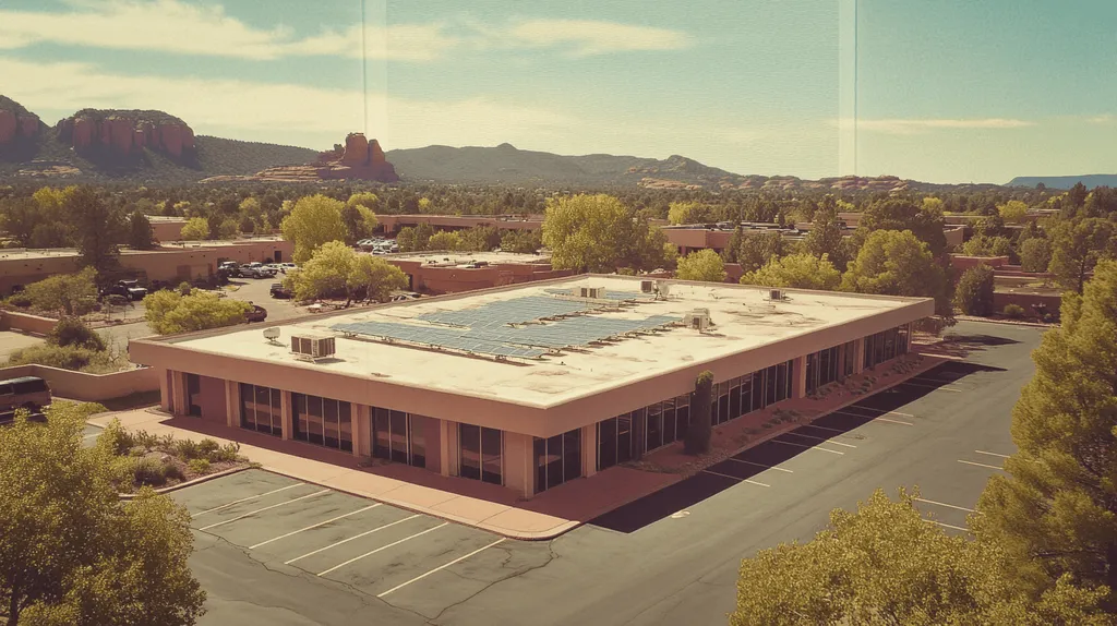 A commercial roof on a fitness gym in a location similar to Sedona with a Polaroid aesthetic (AI image)