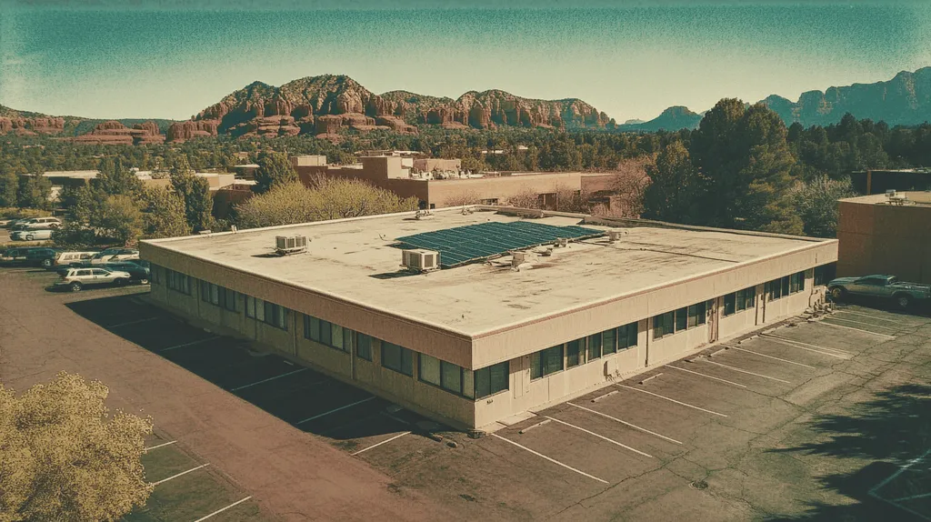 A commercial roof on a fitness gym in a location similar to Sedona with a Polaroid aesthetic (AI image)