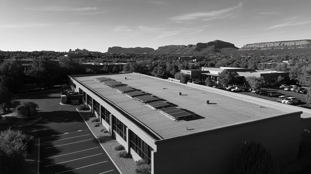 A commercial roof on a fitness gym in a location similar to Sedona with a black and white photography aesthetic (AI image)