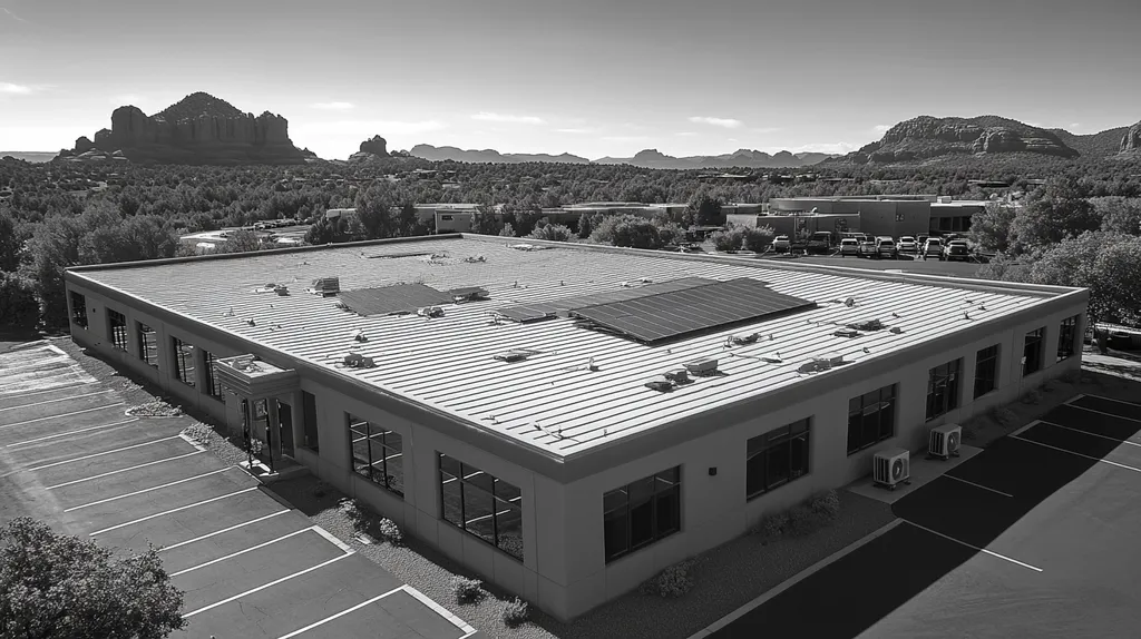 A commercial roof on a fitness gym in a location similar to Sedona with a black-and-white photography aesthetic (AI image)