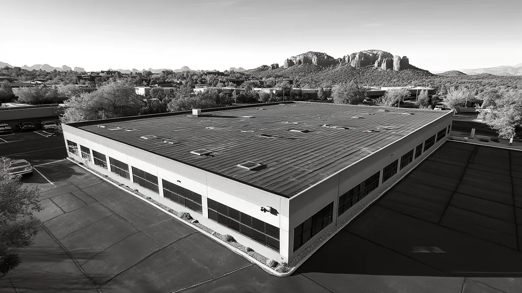 A commercial roof on a fitness gym in a location similar to Sedona with a black and white photography aesthetic (AI image)