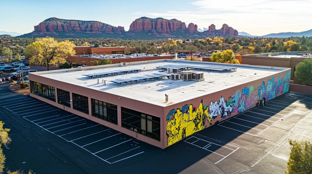 A commercial roof on a fitness gym in a location similar to Sedona with a graffiti mural aesthetic (AI image)