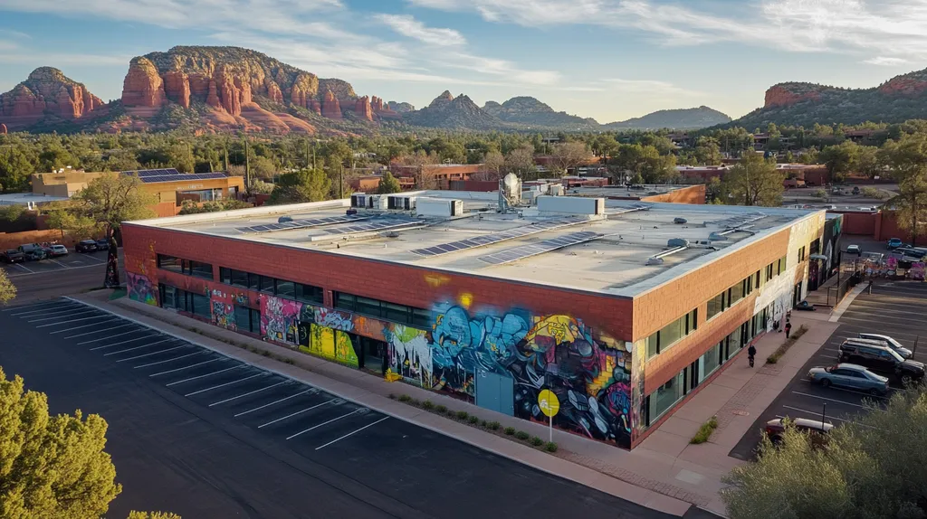 A commercial roof on a fitness gym in a location similar to Sedona with a graffiti mural aesthetic (AI image)