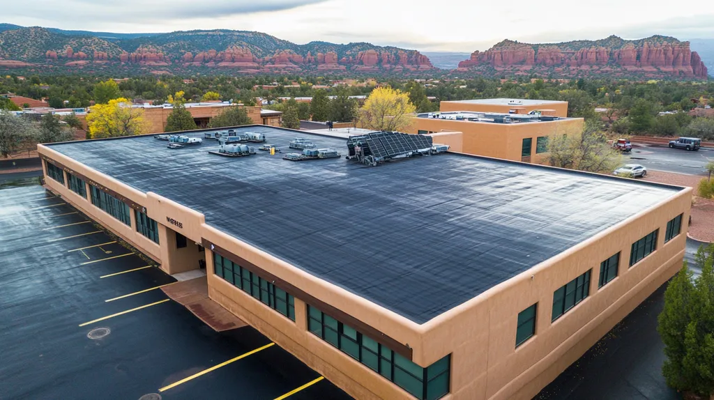 A commercial roof on a fitness gym in a location similar to Sedona with a rainy day aesthetic (AI image)