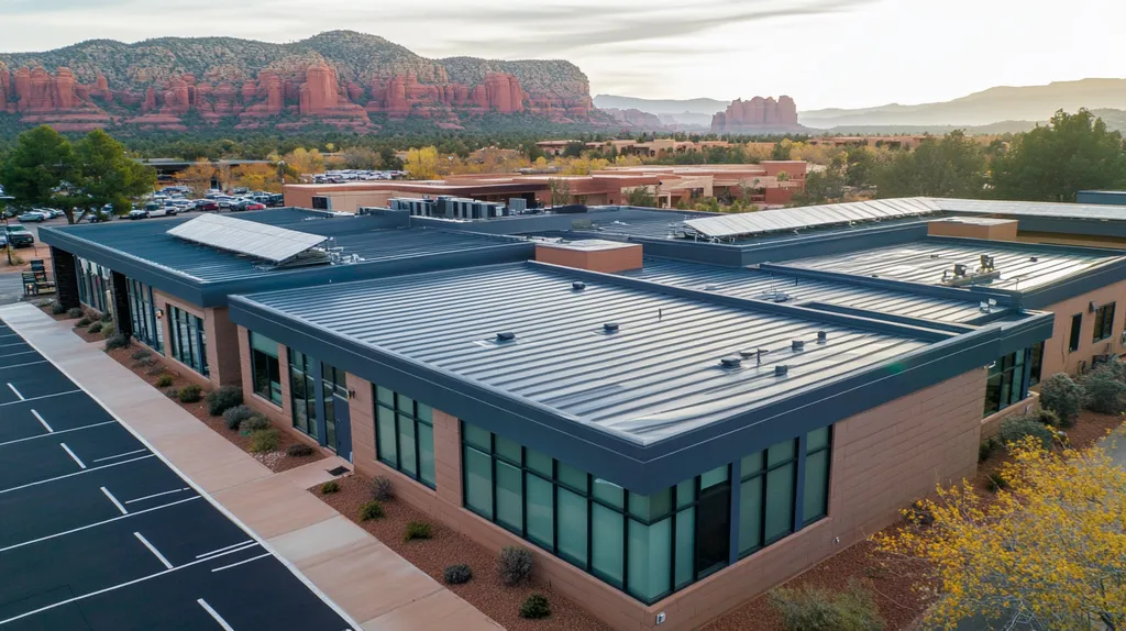 A commercial roof on a fitness gym in a location similar to Sedona with a rainy day aesthetic (AI image)