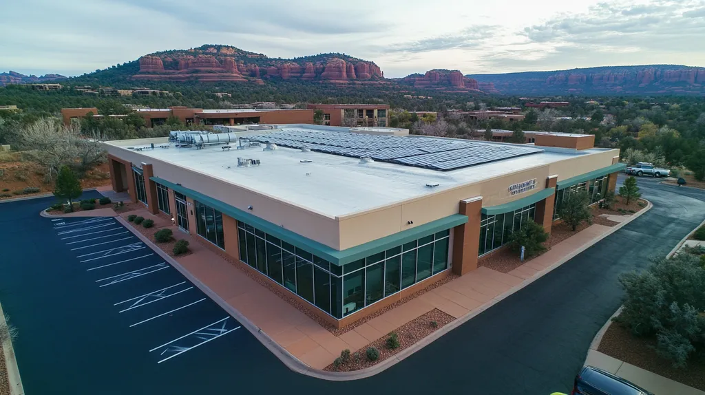 A commercial roof on a fitness gym in a location similar to Sedona with a rainy day aesthetic (AI image)
