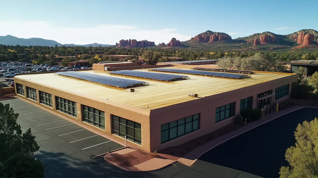 A commercial roof on a fitness gym in a location similar to Sedona with a solid gold aesthetic (AI image)
