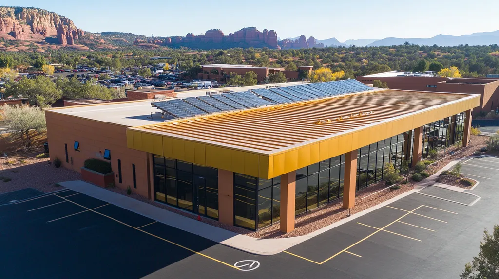 A commercial roof on a fitness gym in a location similar to Sedona with a solid gold aesthetic (AI image)