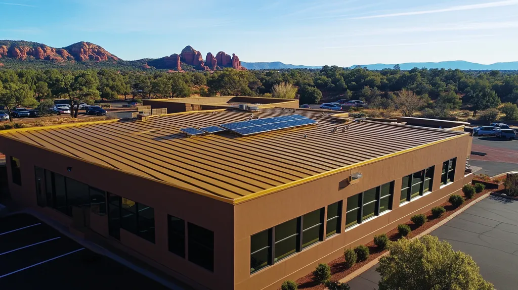 A commercial roof on a fitness gym in a location similar to Sedona with a solid gold aesthetic (AI image)
