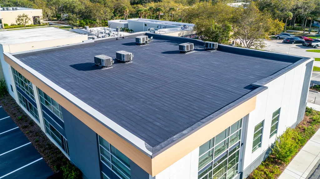 A commercial roof on a fitness gym in a location similar to Tampa with a color highlight aesthetic (AI image)