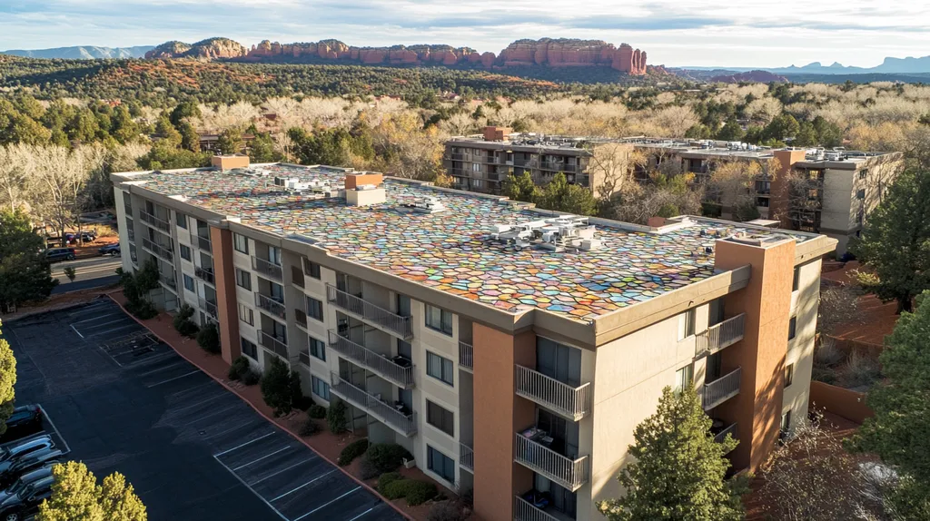 A commercial roof on high-rise apartments in a location similar to Sedona with a stained glass style aesthetic (AI image)