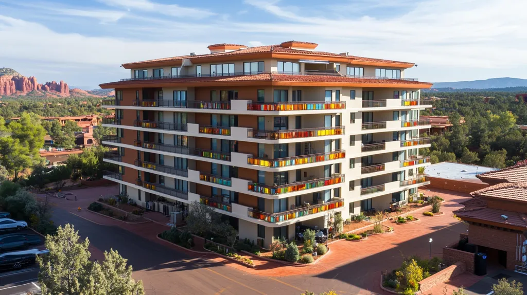 A commercial roof on high-rise apartments in a location similar to Sedona with a stained glass style aesthetic (AI image)