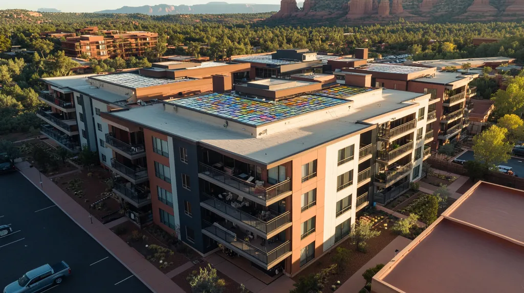 A commercial roof on high-rise apartments in a location similar to Sedona with a stained glass style aesthetic (AI image)