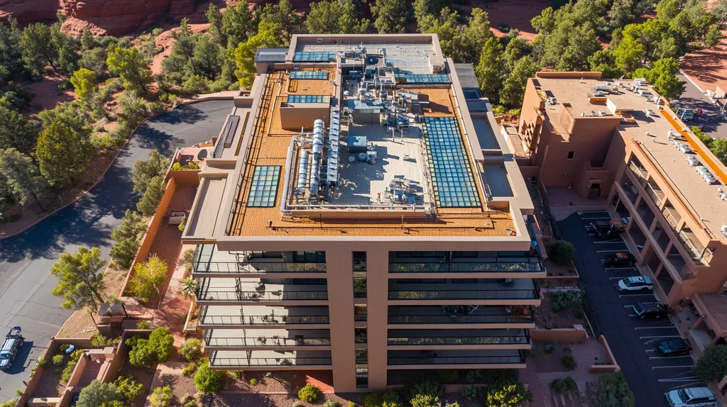 A commercial roof on high-rise apartments in a location similar to Sedona with a stained glass style aesthetic (AI image)