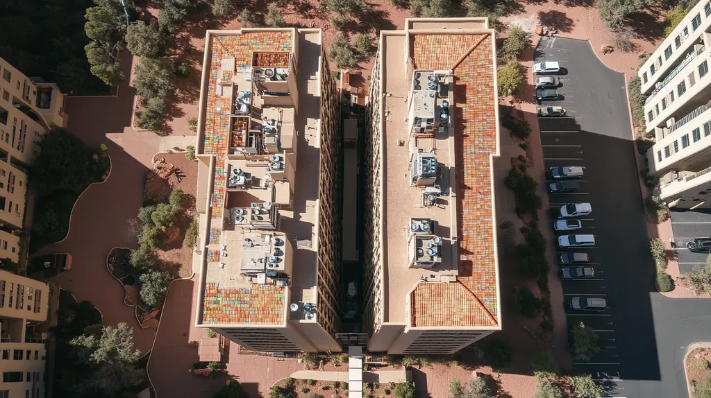A commercial roof on high-rise apartments in a location similar to Sedona with a stained glass style aesthetic (AI image)