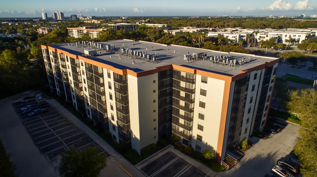 A commercial roof on high-rise apartments in a location similar to Tampa with a comic book style aesthetic (AI image)