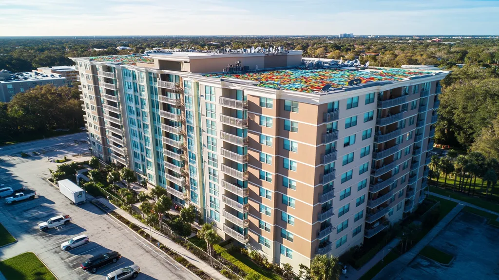 A commercial roof on high-rise apartments in a location similar to Tampa with a stained glass aesthetic (AI image)