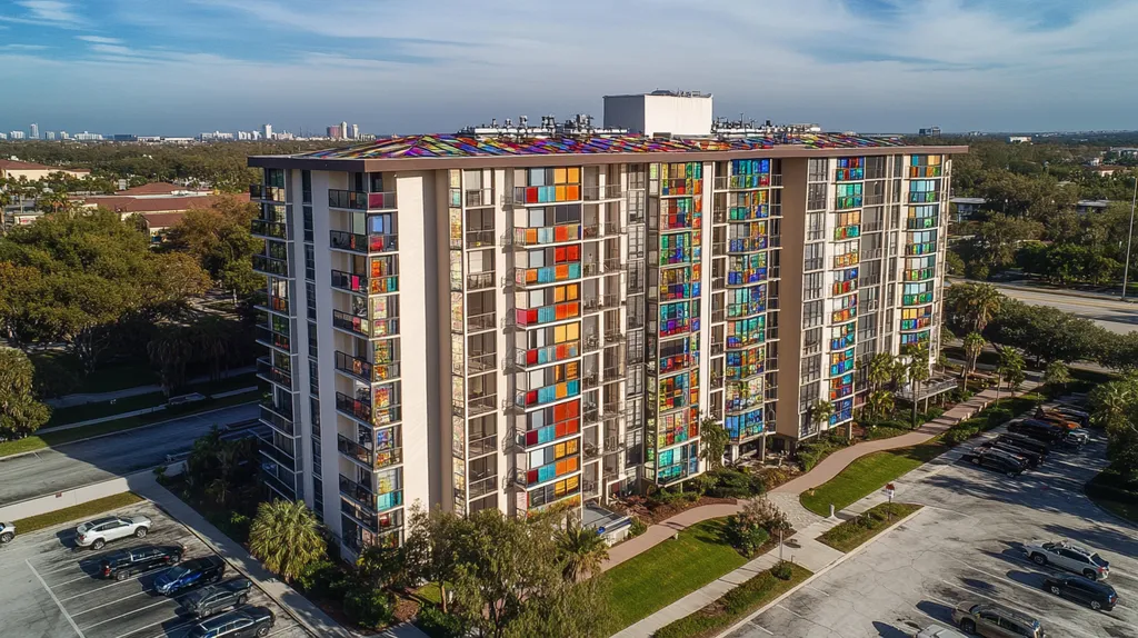 A commercial roof on high-rise apartments in a location similar to Tampa with a stained glass style aesthetic (AI image)