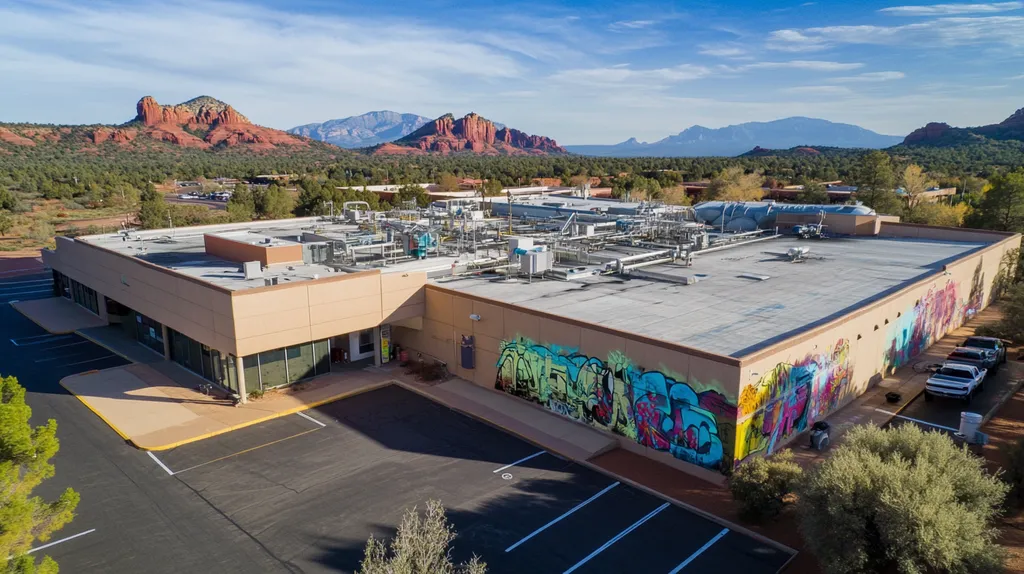 A commercial roof on a hospital in a location similar to Sedona with a graffiti mural aesthetic (AI image)