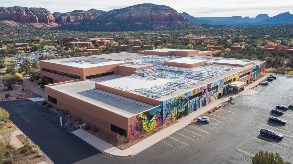 A commercial roof on a hospital in a location similar to Sedona with a graffiti mural aesthetic (AI image)