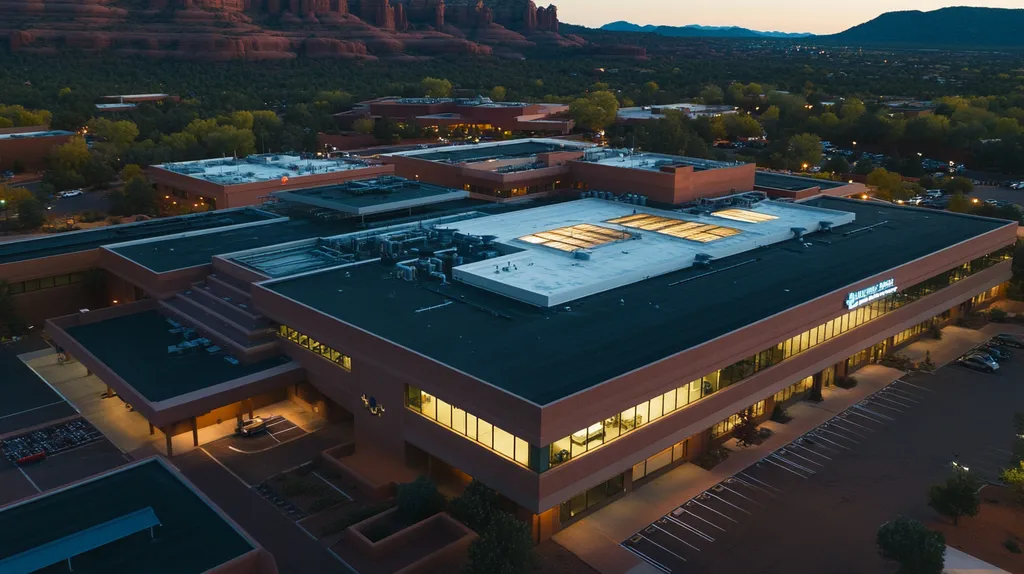 A commercial roof on a hospital in a location similar to Sedona with an illuminated nightscape aesthetic (AI image)