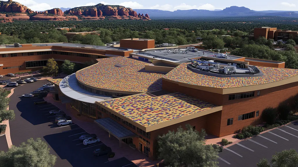 A commercial roof on a hospital in a location similar to Sedona with a mosaic tile art aesthetic (AI image)