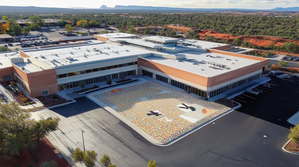 A commercial roof on a hospital in a location similar to Sedona with a mosaic tile art aesthetic (AI image)