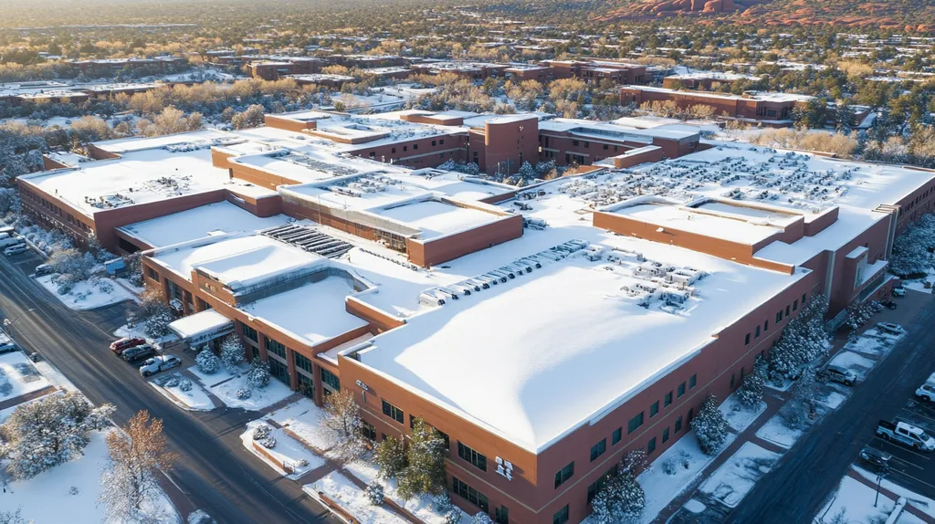 A commercial roof on a hospital in a location similar to Sedona with a snowy day aesthetic (AI image)