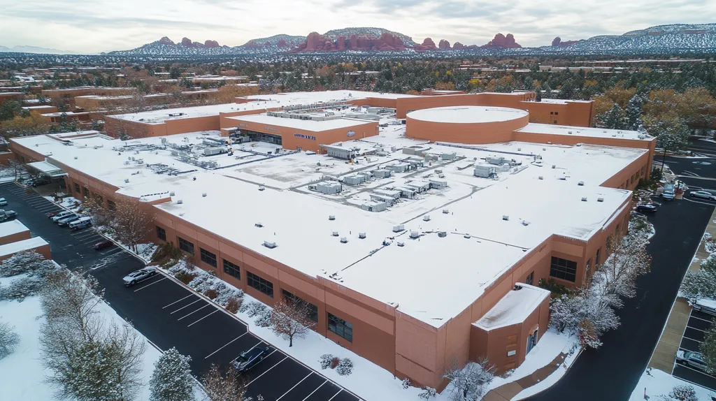 A commercial roof on a hospital in a location similar to Sedona with a snowy day aesthetic (AI image)