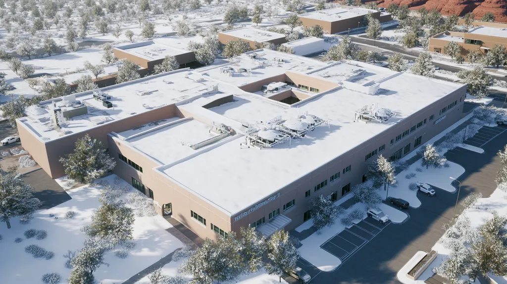 A commercial roof on a hospital in a location similar to Sedona with a snowy day aesthetic (AI image)