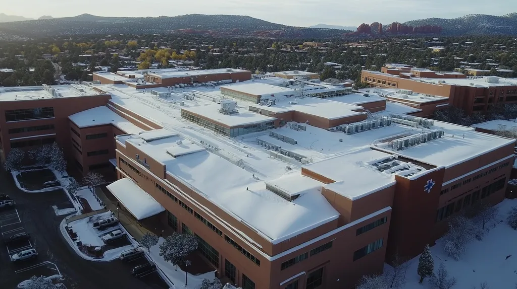 A commercial roof on a hospital in a location similar to Sedona with a snowy day aesthetic (AI image)