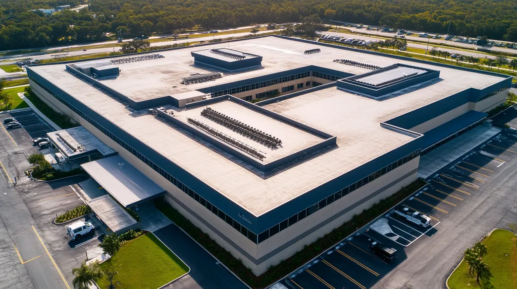 A commercial roof on a hospital in a location similar to Tampa with a color highlight aesthetic (AI image)